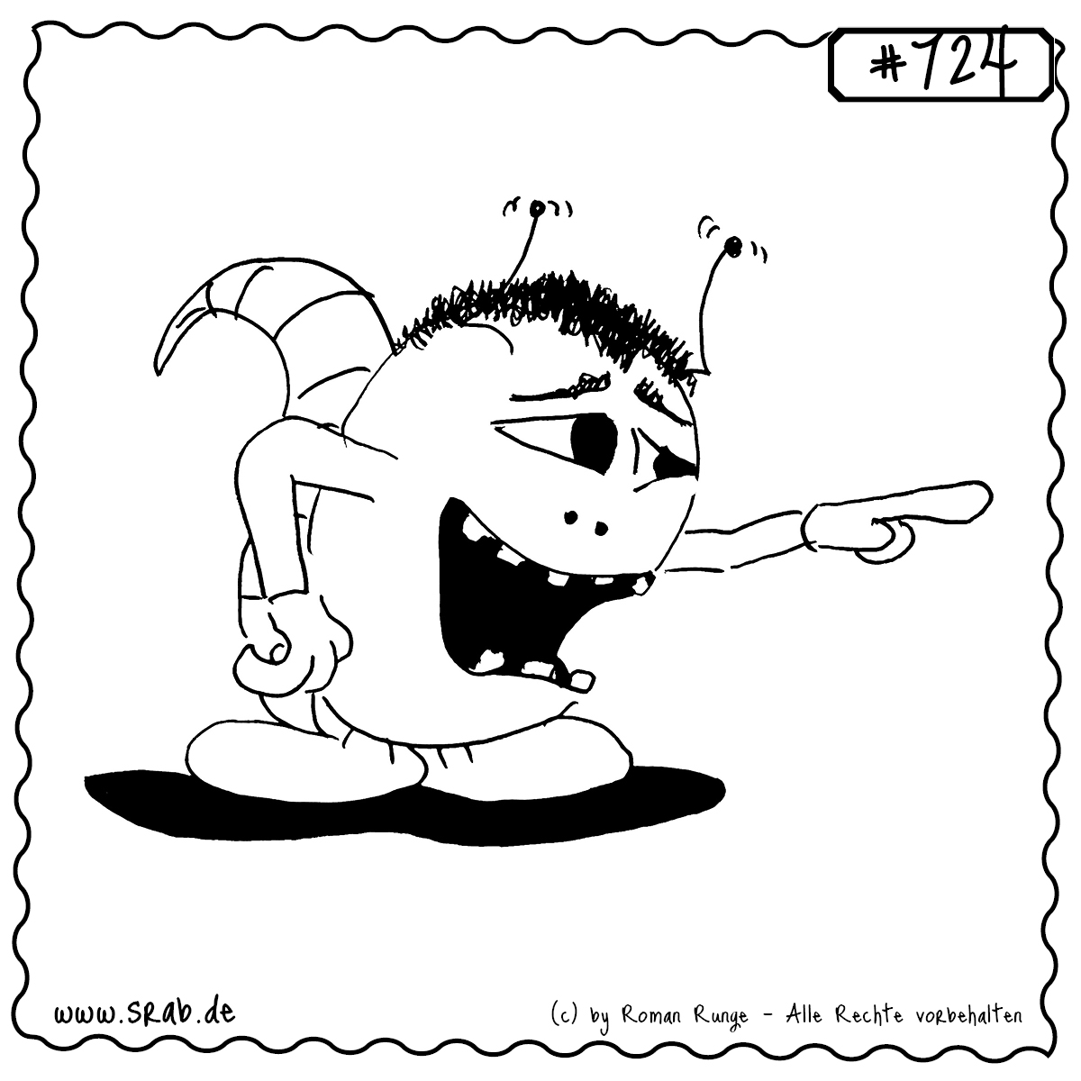 Srab #724 – Auslachen Zeigefinger Schadenfreude 1 Dieser Srab zeigt mit dem Finger auf jemanden und lacht lautstark – ein klassischer Fall von Schadenfreude, Spott oder frecher Reaktion auf ein Missgeschick.