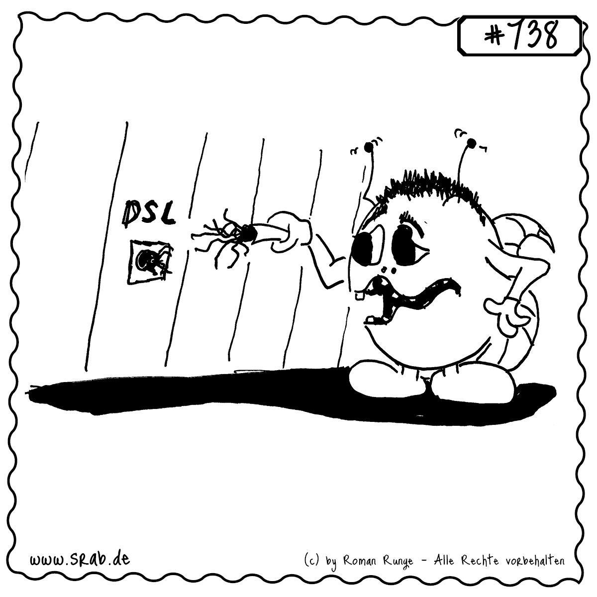 Ein entsetzter Srab steht vor einer DSL-Steckdose und hält das herausgerissene Kabel in der Hand – die Adern liegen blank. Das Motiv steht sinnbildlich für Internet-Ausfall, Frust mit der Technik und kaputte Verbindungen.