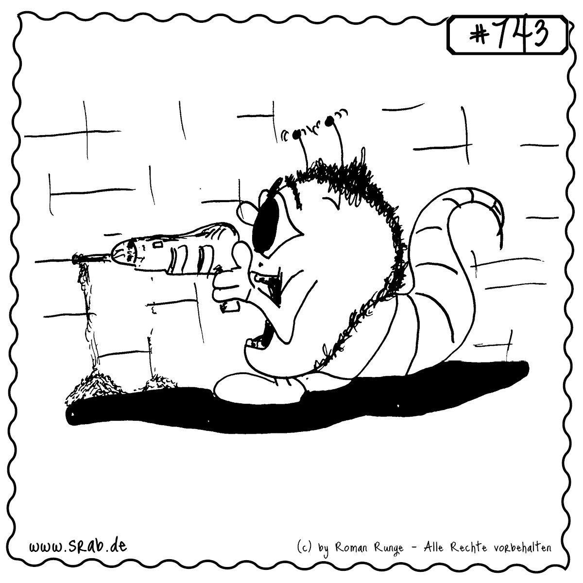 Srab #743 – Bohren Handwerker Wand Staub 1 Dieser Srab legt selbst Hand an – mit Bohrmaschine bewaffnet und fest entschlossen, ein Loch in die Wand zu bekommen! Staub fliegt, Konzentration ist hoch, ein echtes DIY-Motiv mit Werkzeug-Power. Perfekt für Heimwerker-Geschenke, Werkzeug-Humor und Bauarbeiter-Merch.