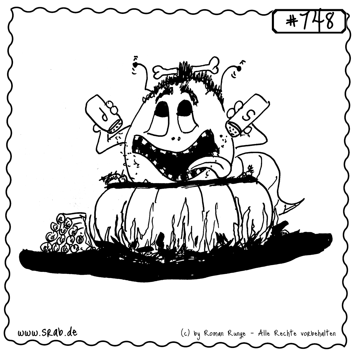 Srab #748 – Kochtopf Kanibale Wuerzen Suppe Salz Pfeffer 1 Dieser Srab hat es sich richtig gemütlich gemacht – im Kochtopf! Mit Knochen im Haar und Pfeffer und Salz in beiden Händen wird hier offensichtlich nicht an Geschmack gespart. Eine herrlich schräge Szene mit Grusel-Humor und einem Augenzwinkern in Richtung Kochkultur à la „Kannibalissimo“.