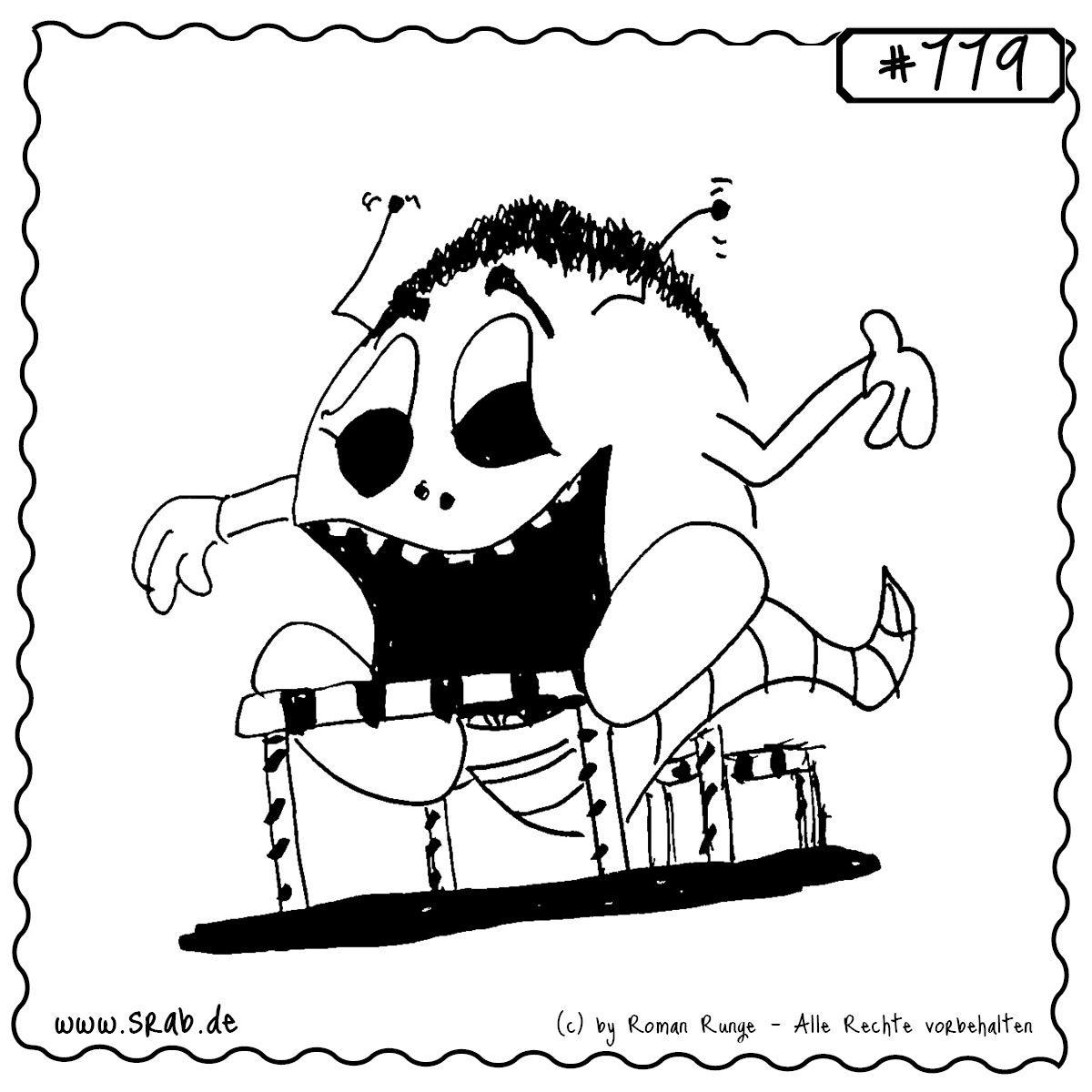 Dieser Srab befindet sich mitten im Hürdenlauf – mit vollem Körpereinsatz, gespitzten Antennen und einem riesigen Satz über das Hindernis. Olympia-Feeling in Alienform!