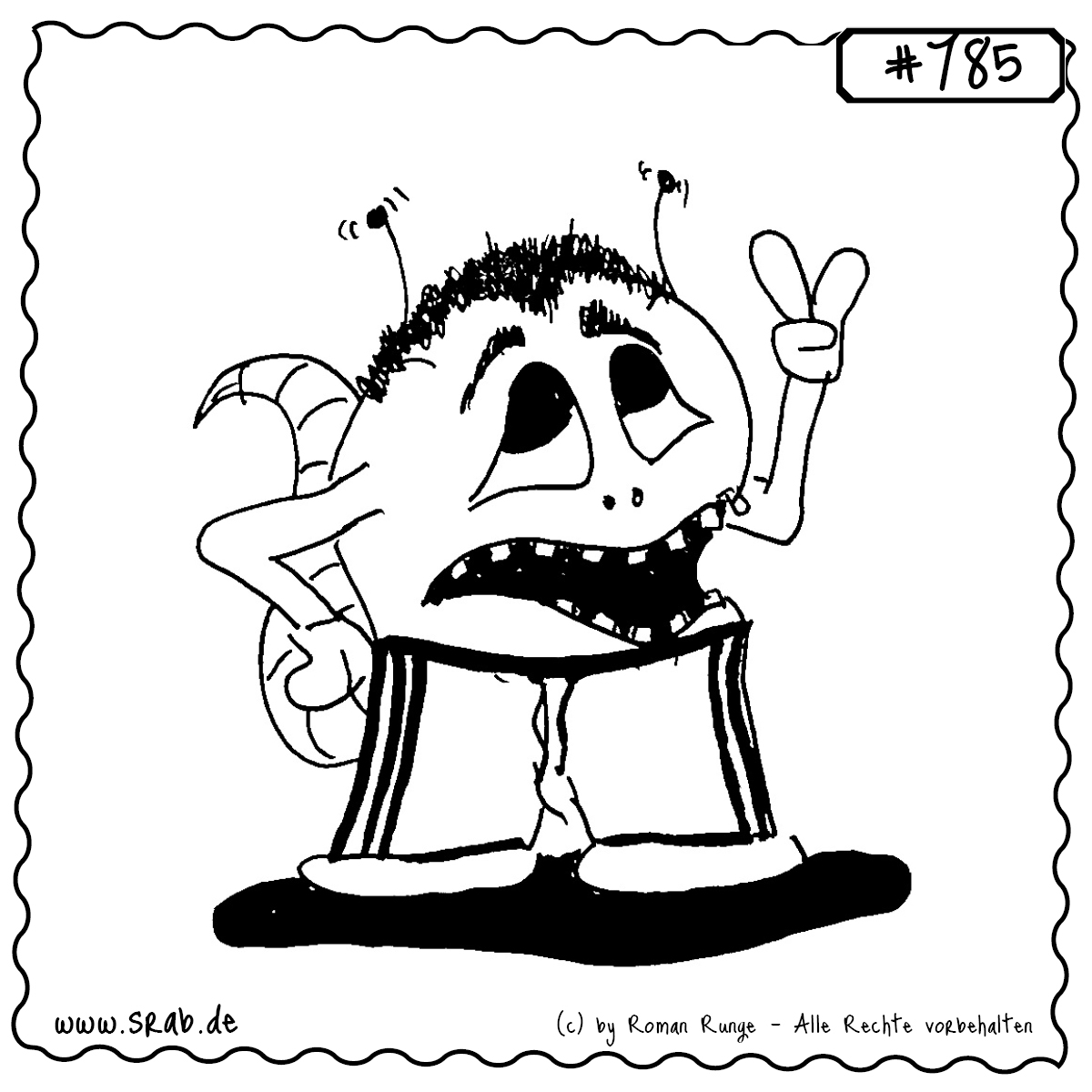 Srab #785 – Shorts Sport Peace Geste Entspannt 1 Dieser Srab trägt mit Stolz seine Sportshorts – etwas zu tief vielleicht – und zeigt ganz locker das Peace-Zeichen. Cool, lässig, ein bisschen verplant.