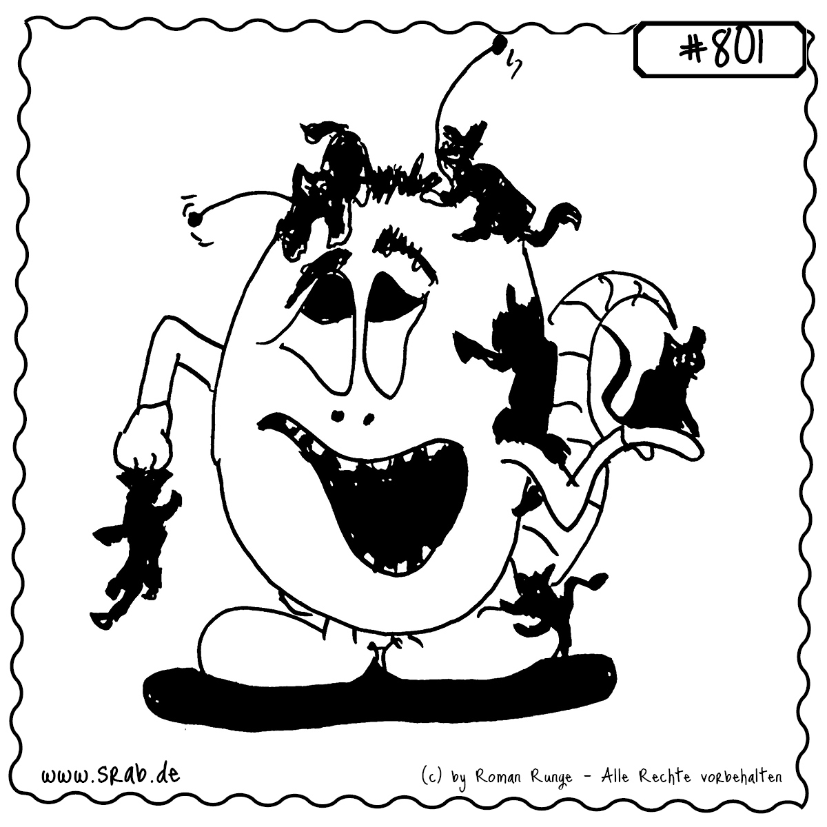 Srab #801 – Katzen Alien Tierfreunde Chaos 1 Dieser Srab ist ganz klar ein Katzenmensch – oder besser: ein Katzenalien! Zahlreiche kleine Katzen haben sich auf ihm versammelt, klettern herum und sorgen für ein fluffiges Chaos. Ein liebevolles Motiv für alle mit einem Herz für Samtpfoten.