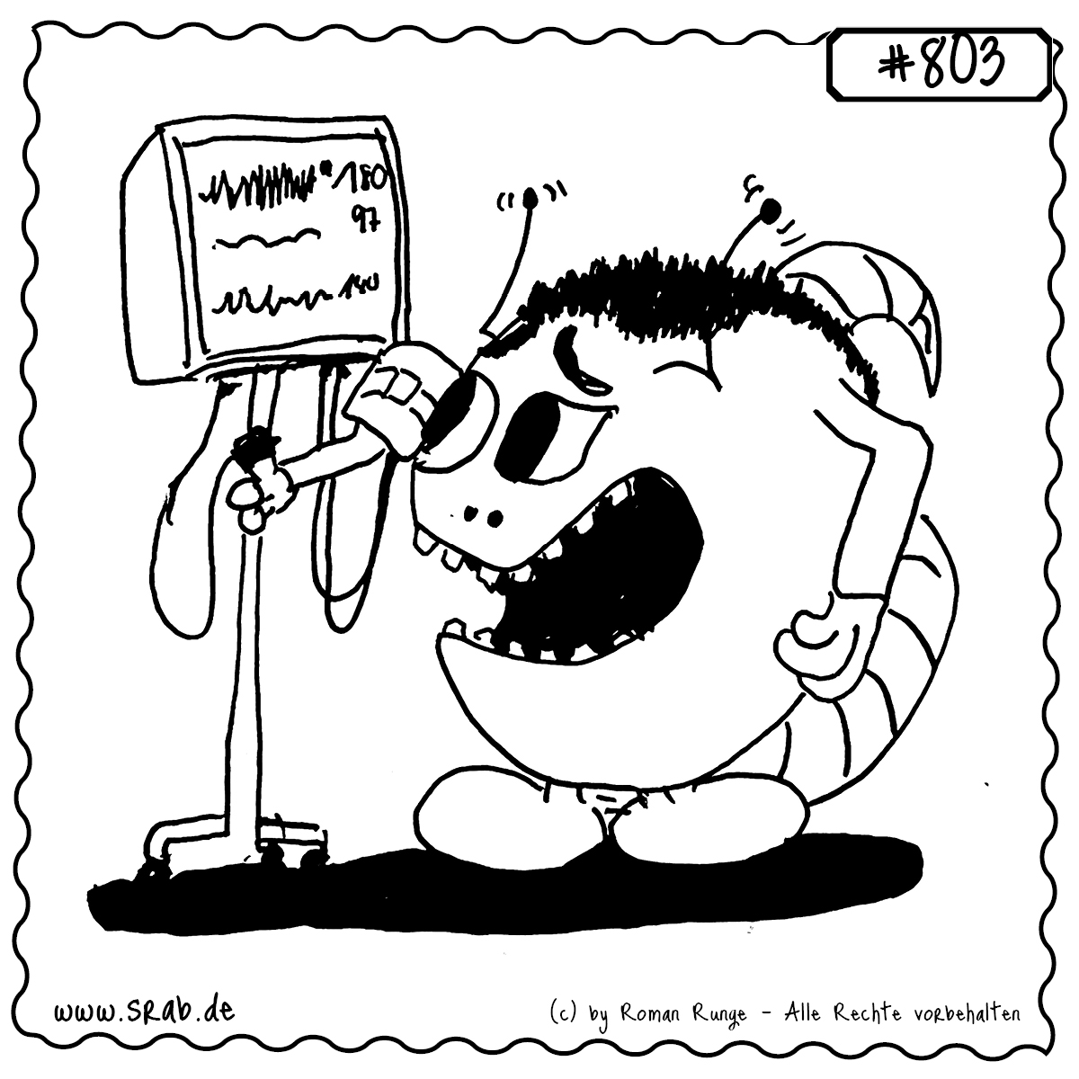 Ein Srab beim Blutdruckmessen: Mit Fingerclip am Monitor steht er voller Spannung vor den medizinischen Werten. Ein humorvoller Blick auf Klinikalltag, Gesundheit und alles, was piepst und blinkt. Ideal für medizinische Kontexte oder witzige Krankenhaus-Grußkarten.