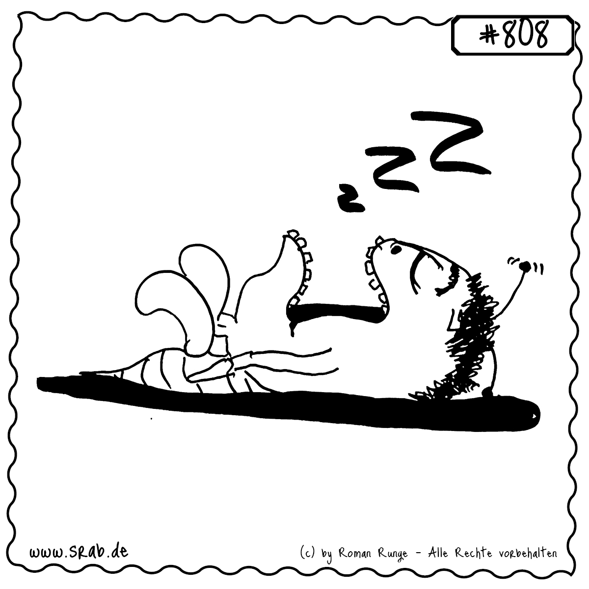 Srab #808 – Schlafen Muede Schnarchen Pennen 1 Dieser Srab liegt ausgestreckt auf dem Boden und schläft tief und fest. Sabbernd, mit offenem Mund und lauten „Zzz“-Geräuschen – perfekt für Themen wie Erholung, Müdigkeit oder völlige Erschöpfung.