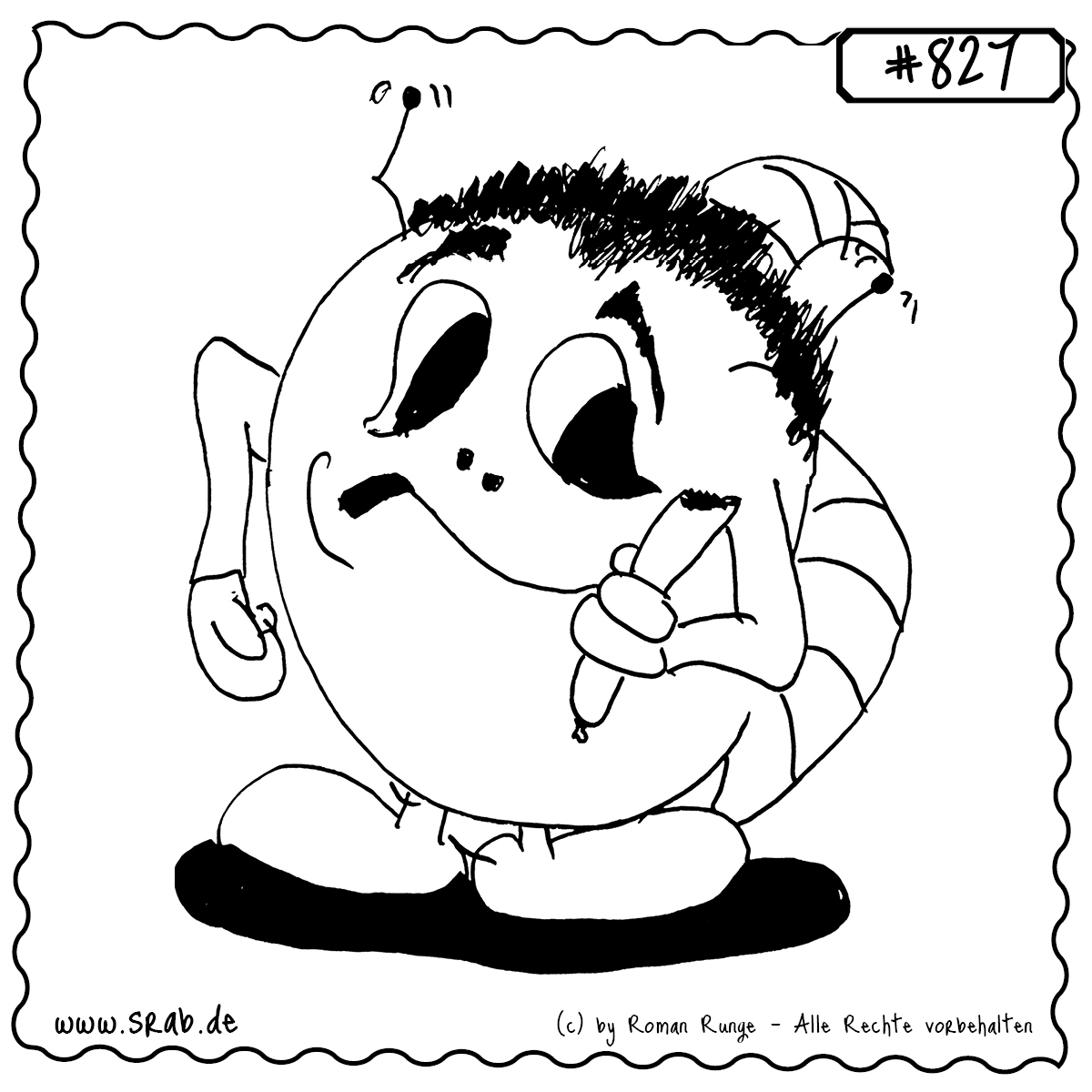 Srab #827 – Wurst Snack Wiener Genussmoment 1 Ein Srab mit leicht skeptischem Blick hält eine angebissene Wurst in der Hand – vielleicht eine Bockwurst oder Wiener. Der perfekte Ausdruck für den inneren Wurst-Zweifel: „Mag ich das wirklich?“