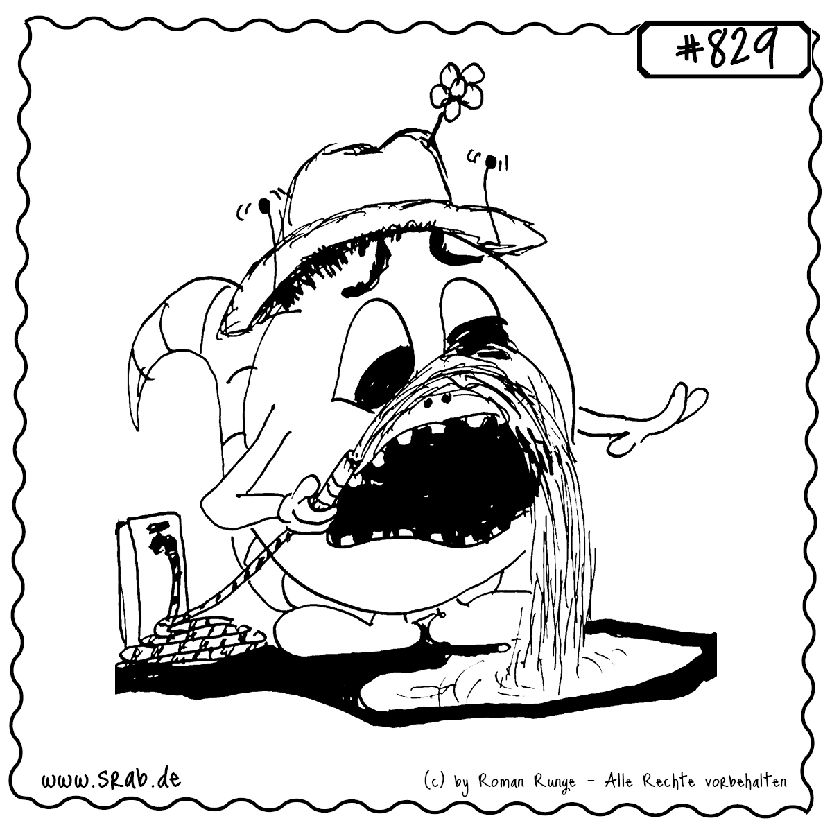 Srab #829 – Gaertner Mit Schlauch Und Hut 1 Ein Srab im Gärtnerhut gießt mit voller Power aus dem Schlauch – leider direkt ins eigene Gesicht! Ein herrlich nasses Gartenmotiv mit Humor und Blume am Kopf.