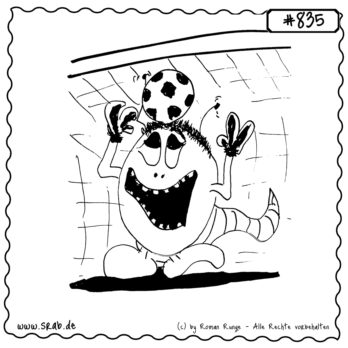 Srab #835 – Fussball Torwart Ball Torhandschuhe Fangparade 1 Dieser Srab steht als Torwart im Fußballtor – mit einem Ball auf dem Kopf und einem breiten Grinsen. Ob das eine Parade war oder ein Glückstreffer? Spaß garantiert!