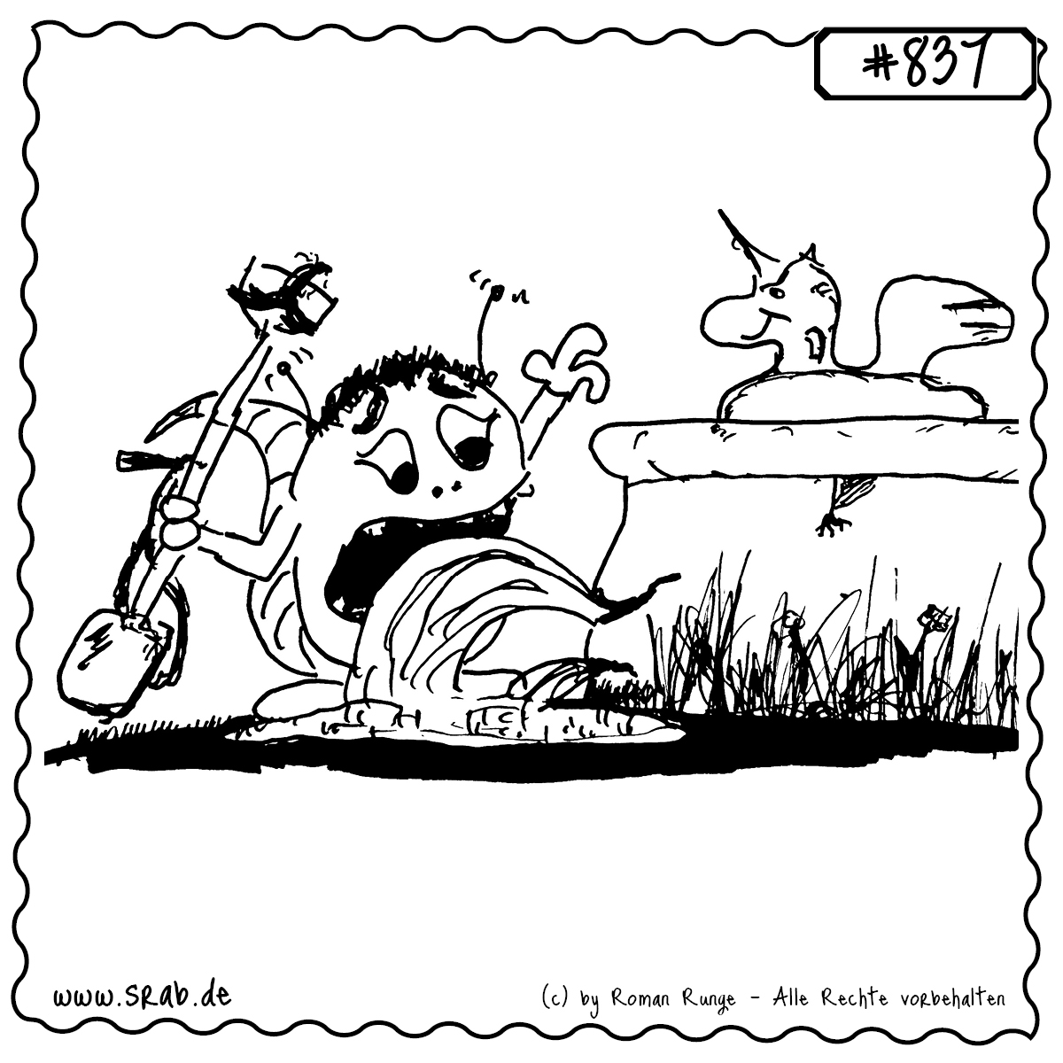 Dieser Srab hat beim Rasenmähen mit dem Kantenschneider den Pool beschädigt – das Wasser strömt in hohem Bogen heraus. Ein nasses Missgeschick mit viel Chaos und Charme.