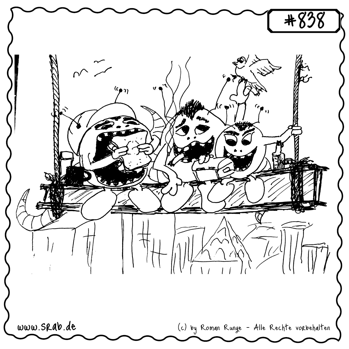 Drei Srabs sitzen auf einem Baugerüst in luftiger Höhe, machen Pause mit Sandwich, Brotbox und Thermoskanne – ein charmantes Alien-Remake des ikonischen Fotos „Lunch atop a Skyscraper“.