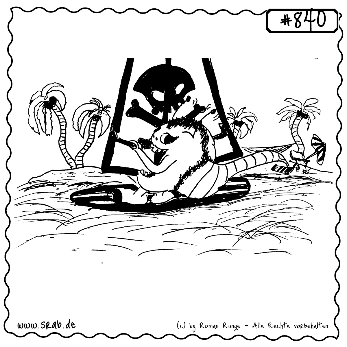 Ein Srab beim Surfen mit Piratenflagge im Wind – irgendwo auf einer tropischen Insel mit Palmen, Hängematte und ganz viel Abenteuerfeeling.