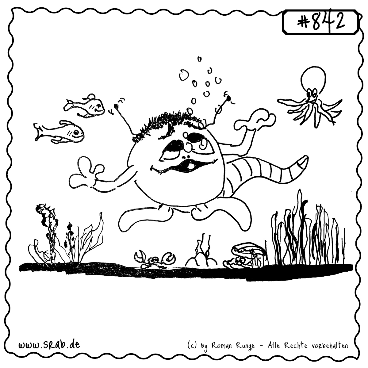 Ein fröhlicher Srab schwimmt zwischen bunten Meerestieren, begleitet von Fischen, Krabben, Seepferdchen und einem Tintenfisch – eine Szene wie aus einem Zeichentrickfilm unter Wasser.
