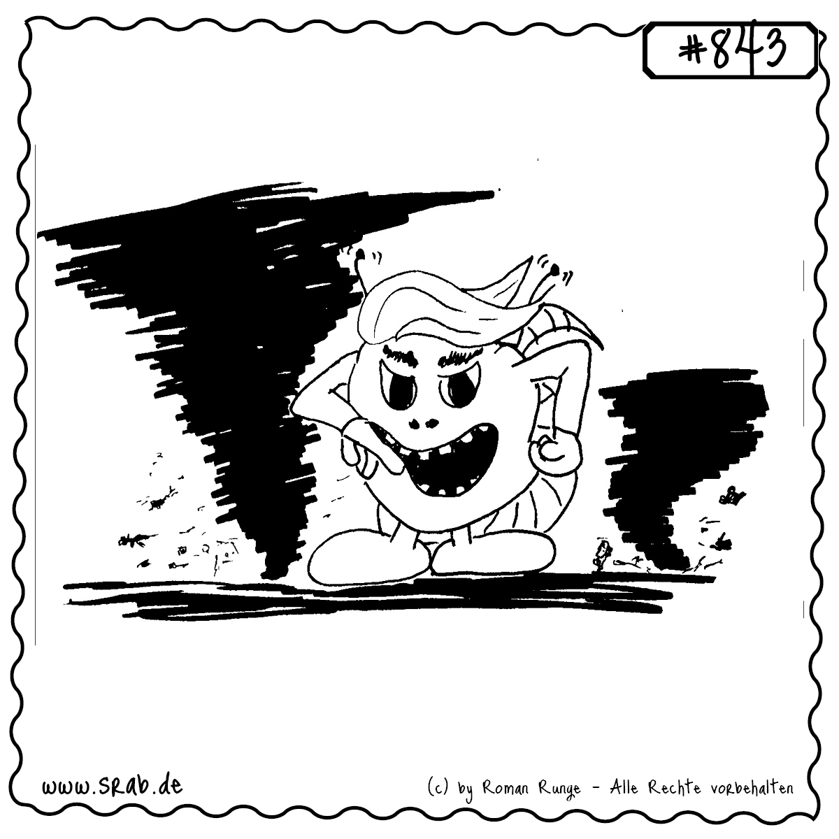 Srab #843 – Trump Klimawandel Satire Sturm Frisur 1 Ein provokantes Srab-Motiv, das satirisch auf Populismus und Leugnung des Klimawandels anspielt: Ein Srab mit markanter Frisur posiert selbstbewusst, während hinter ihm Tornados toben.