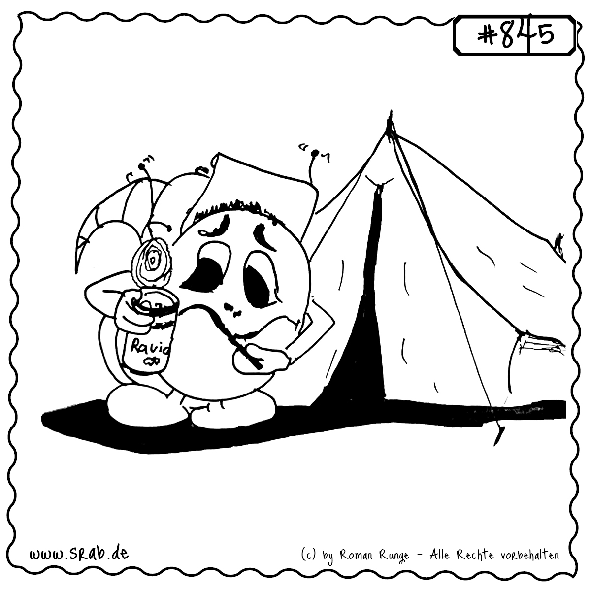 Der Srab steht vor seinem Zelt und löffelt missmutig Ravioli direkt aus der Dose – Camping-Feeling pur, irgendwo zwischen Abenteuer und Dosenfrust.