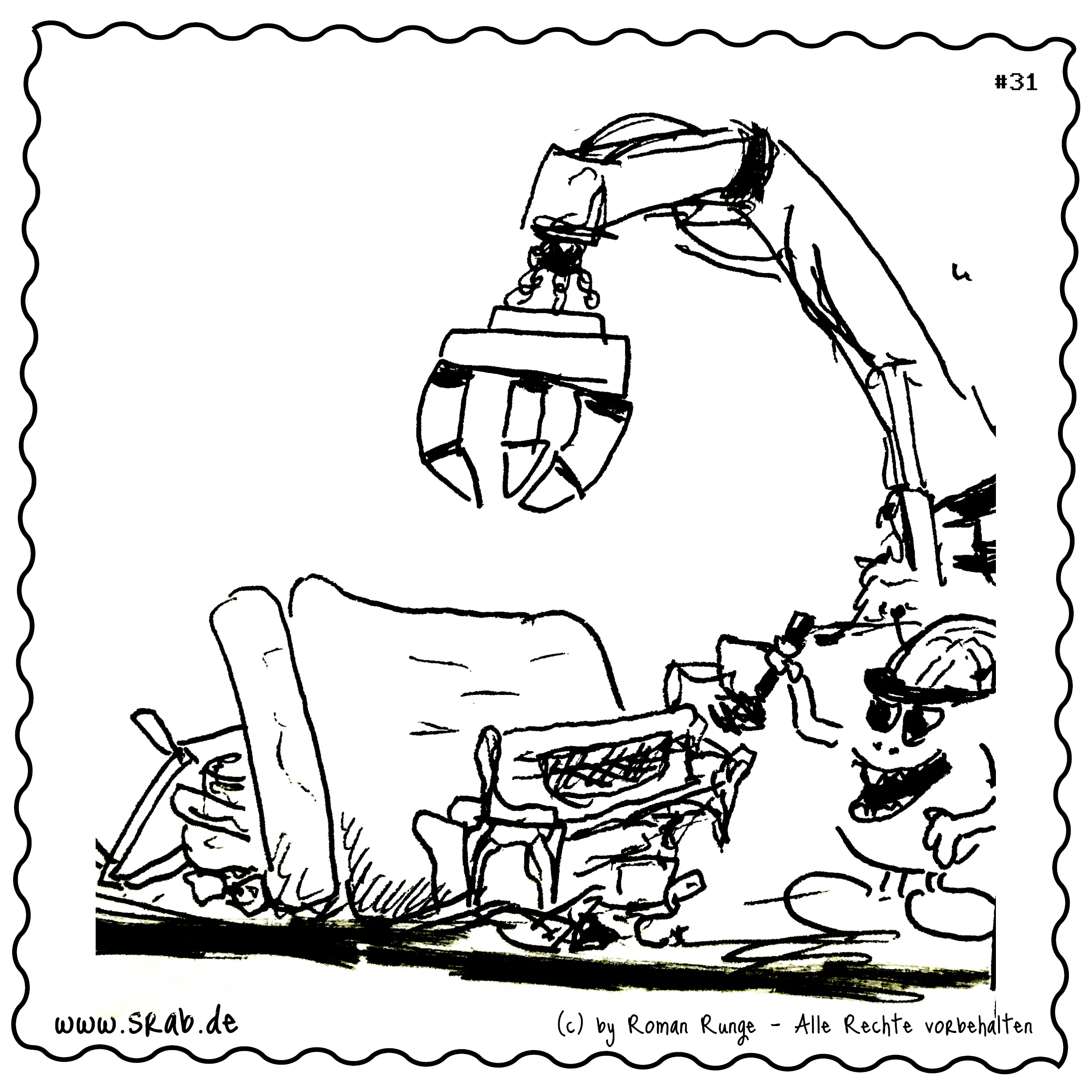 Ein Srab mit Schutzhelm und Fernsteuerung steht vor einem Haufen Sperrmüll und dirigiert einen riesigen Greifarm. Ein humorvoller Blick auf schwere Arbeit - mit Schrottplatz-Flair und Cartoon-Charme.