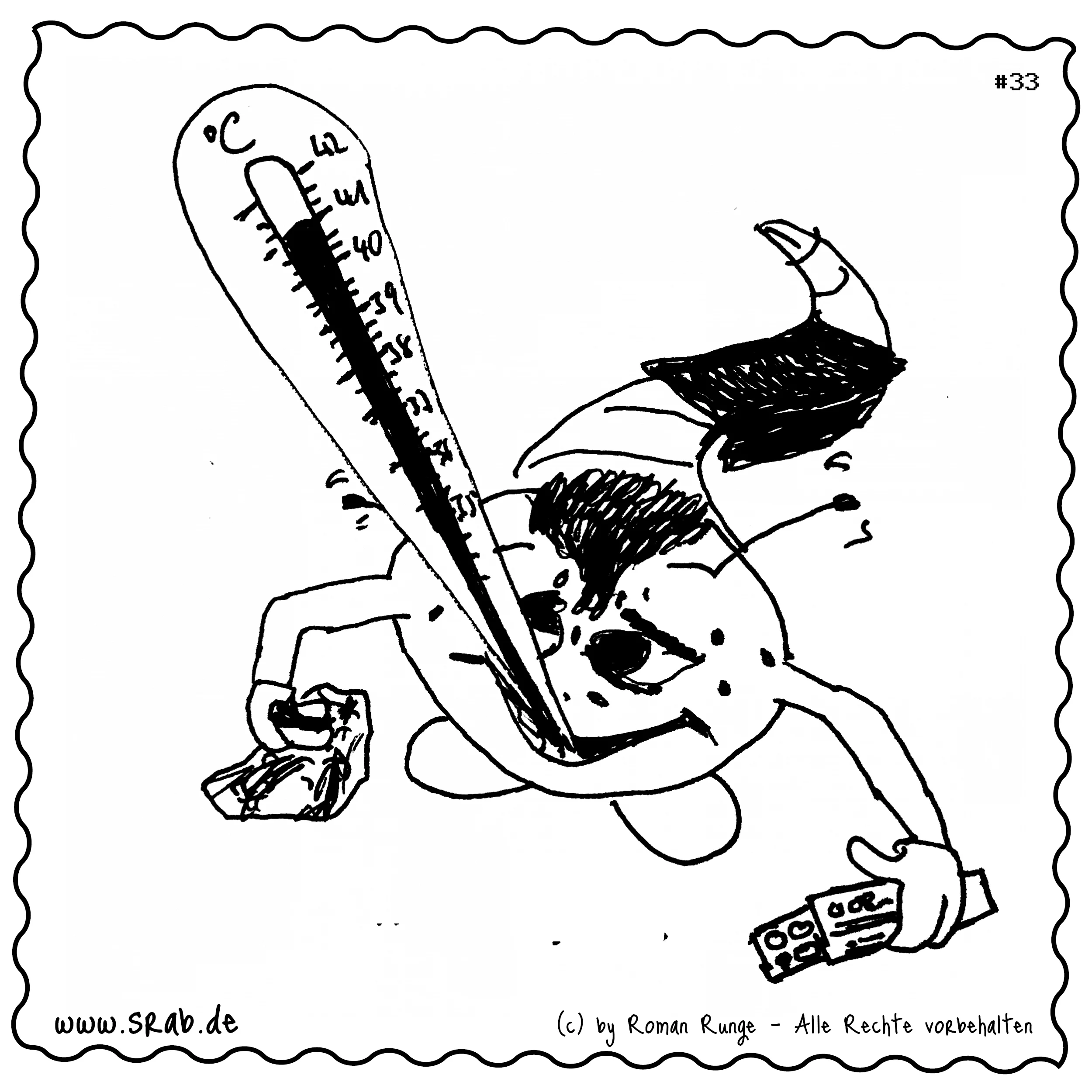 Ein fiebernder Srab mit Thermometer im Mund, schwitzend und erschöpft. In der einen Hand hält er Taschentücher, in der anderen Medikamente. Ein ausdrucksstarkes Cartoon-Motiv zum Thema Krankheit, Erkältung oder Mitleid mit Humor.