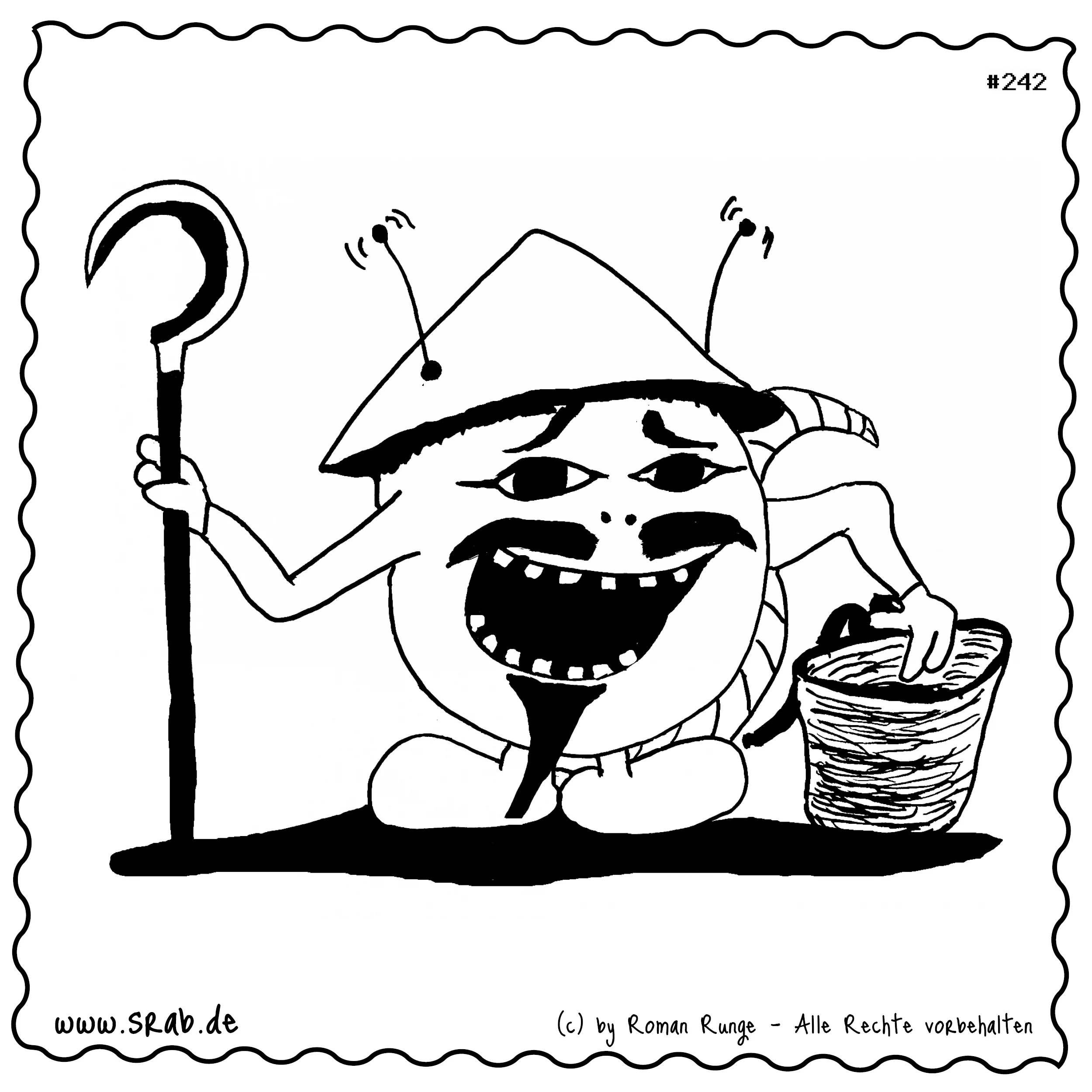 Dieser Srab trägt einen Reishut, hält eine gebogene Sichel und balanciert einen geflochtenen Korb - eine satirische Karikatur traditioneller asiatischer Feldarbeit. Mit Schnurrbart, Schlitzaugen und Bart wird er bewusst überzeichnet dargestellt. Wegen der klischeehaften Inszenierung nicht für eine kommerzielle Nutzung geeignet.