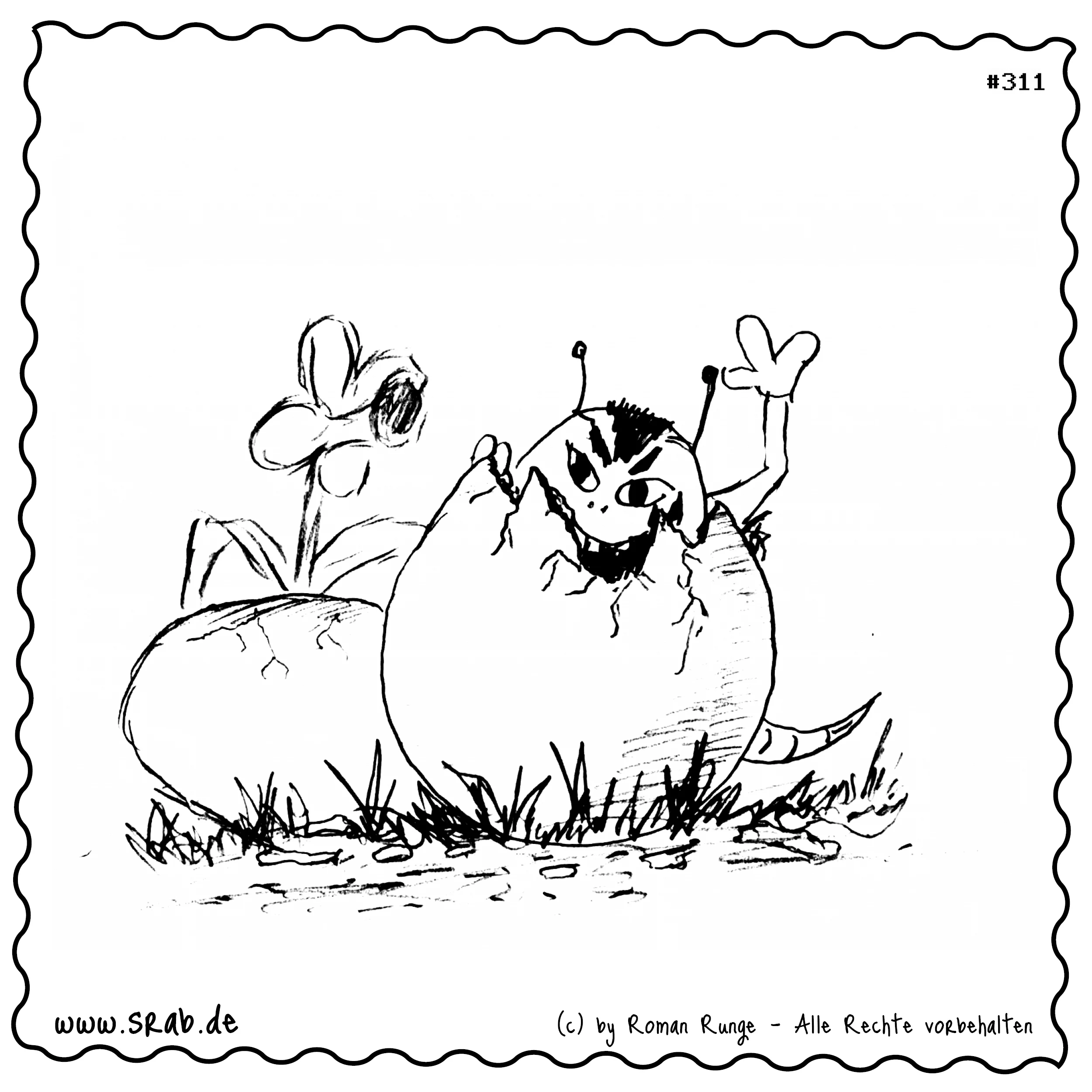 Frisch geschlüpft und schon in bester Winker-Laune! Dieser Srab bricht fröhlich aus seinem Ei, umgeben von Gras, Frühling und einer Blume. Ein Symbol für Neubeginn, gute Laune und die kleinen Wunder des Lebens - perfekt für Osterzeit, Frühlingsgefühle oder einfach einen Neuanfang.