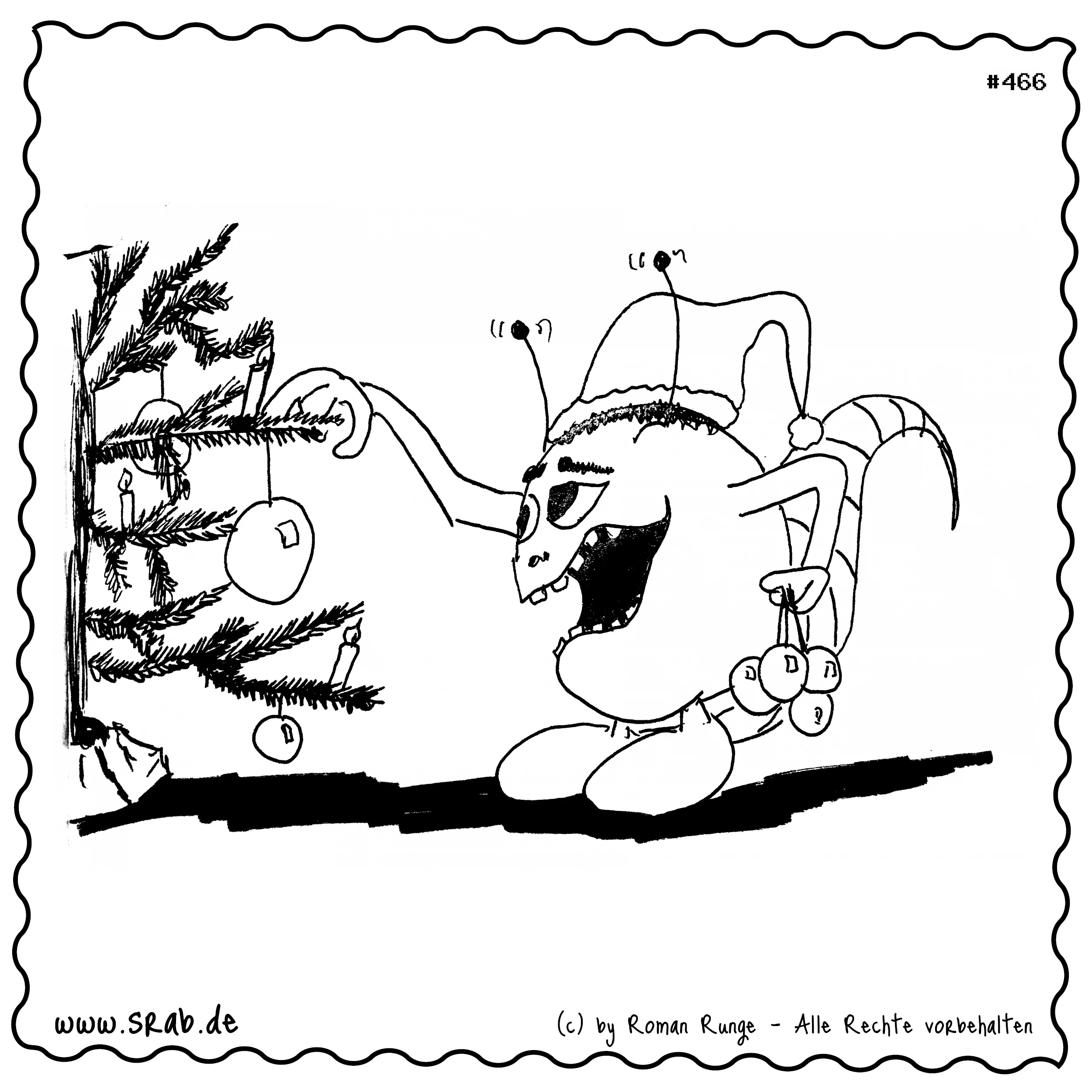 Dieser Srab schmückt voller Freude einen Weihnachtsbaum mit Kugeln und echten Kerzen. Mit Mütze und Antennen im Feiermodus verbreitet er festliche Stimmung - mit einem Hauch Chaos.