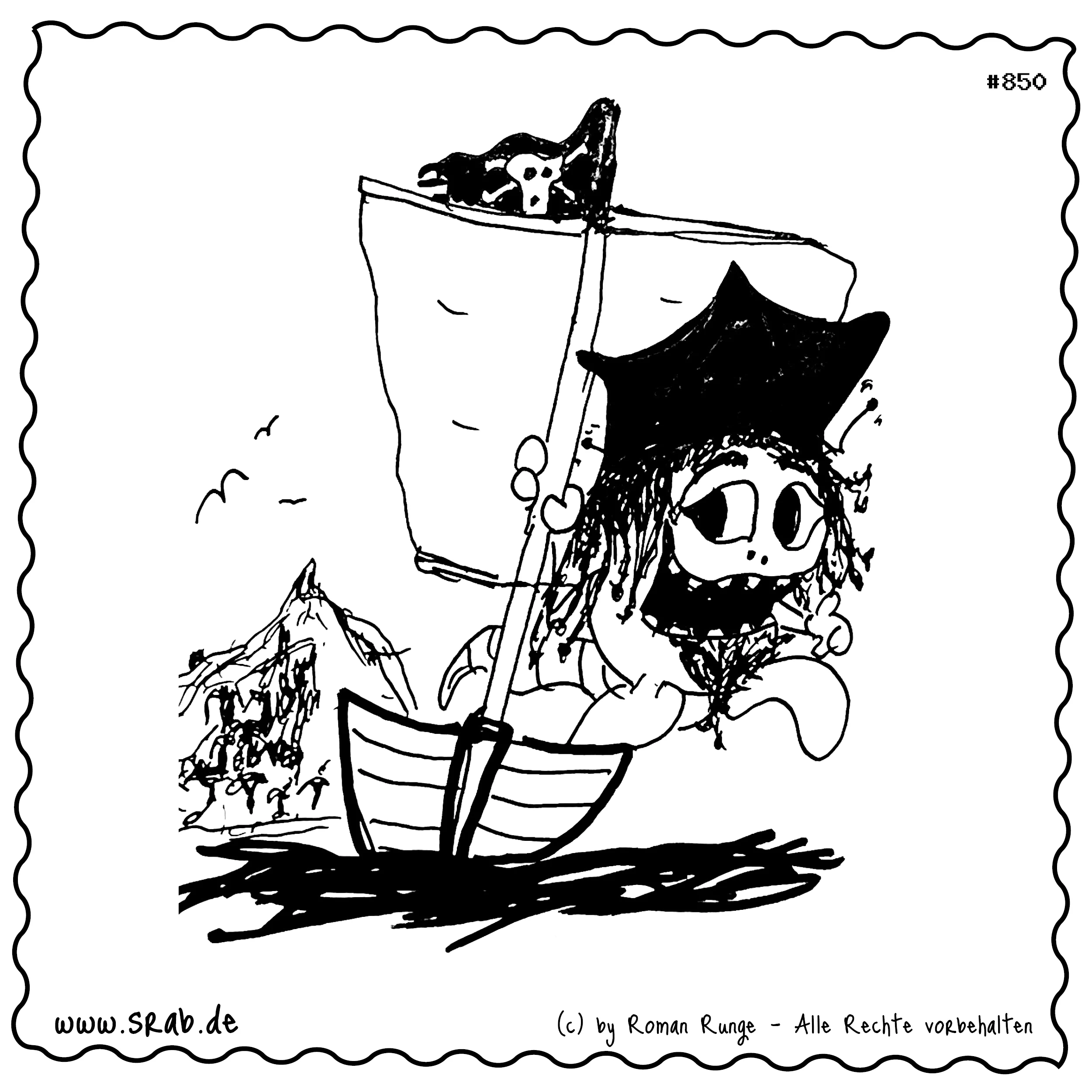 Der Schatz ruft! – Mit Piratenhut, verwegenem Bart und wehender Totenkopfflagge schippert dieser Srab in einem kleinen Boot einer geheimnisvollen Insel entgegen. Die wilde Frisur, das entschlossene Gesicht und die Schatzinsel im Hintergrund machen dieses Motiv zu einer gala