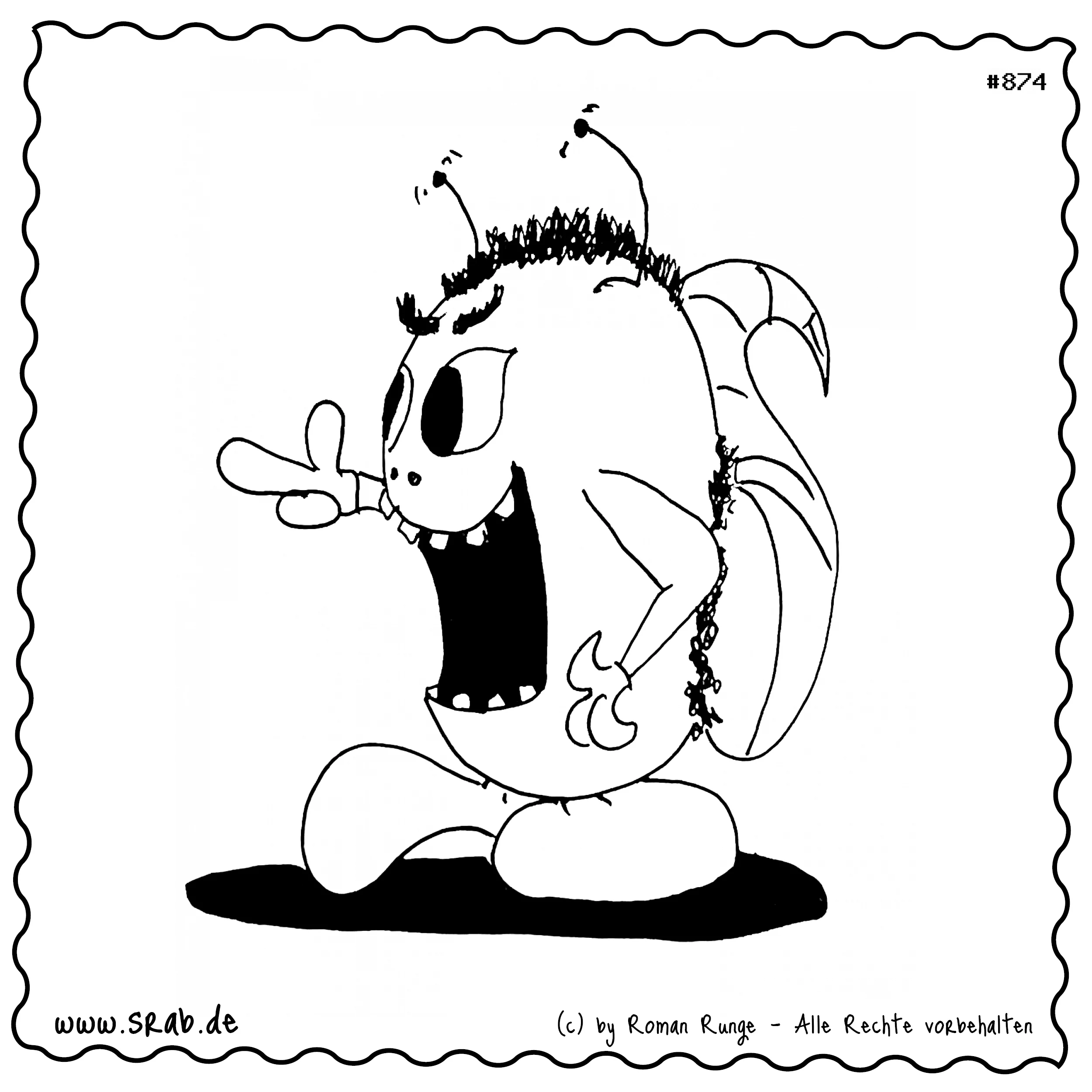 Dieser Srab illustriert eine humorvolle Szene, in der die Figur mit dem Finger auf ein Objekt zeigt. Die Geste vermittelt die Aussage 'Da ist es ja!' und weckt positive Emotionen. Die Darstellung spielt mit dem Begriff 'Finger', der häufig in humorvollen Kontexten verwendet wird. In diesem Zusammenhang wird die Fähigkeit des Srabs, Aufmerksamkeit zu erzeugen, unterstrichen. Die Figur bringt durch ihre expressive Pose eine augenzwinkernde Anspielung auf Kommunikation und Interaktion im Alltag.