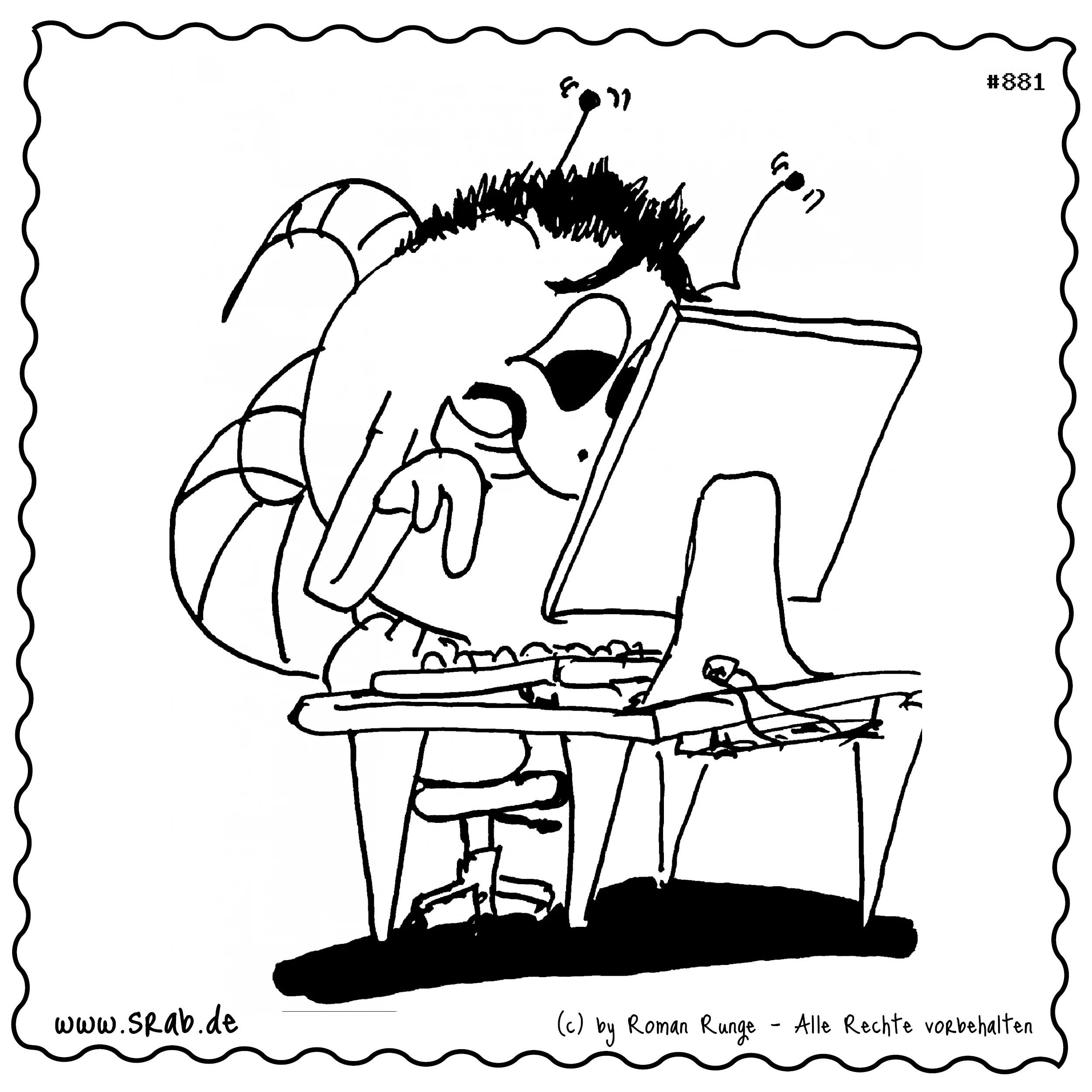 Neugieriger Srab sitzt konzentriert vor einem Computer.