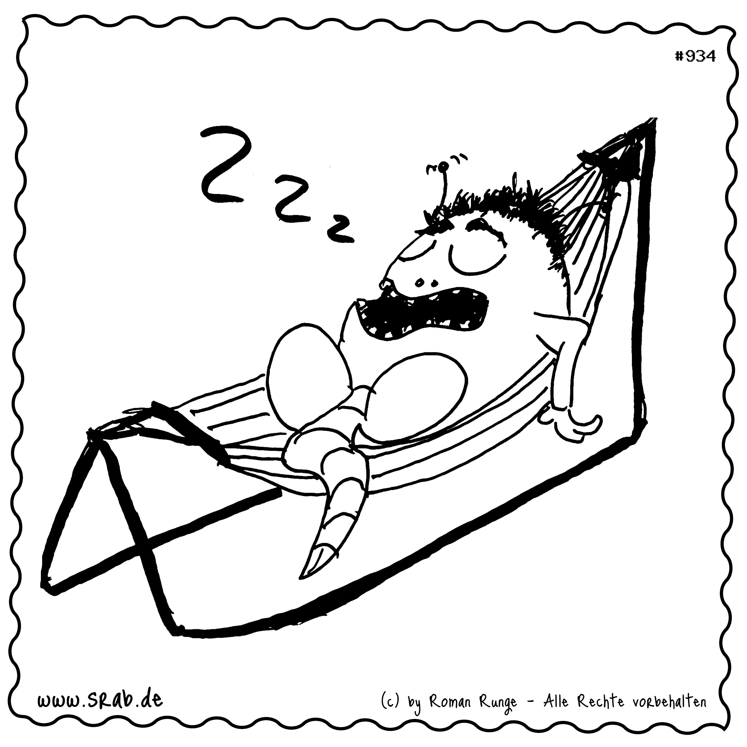 Dieses Motiv zeigt einen Srab, der in einer Hängematte schläft, was für das Bedürfnis nach Ruhe und Entspannung steht. Es vermittelt eine Atmosphäre von Urlaub und Gemütlichkeit, in der man dem Alltag entfliehen kann. Der Friedenszustand des schlafenden Srab erinnert an die kleinen Auszeiten, die im hektischen Lebensalltag oft zu kurz kommen.