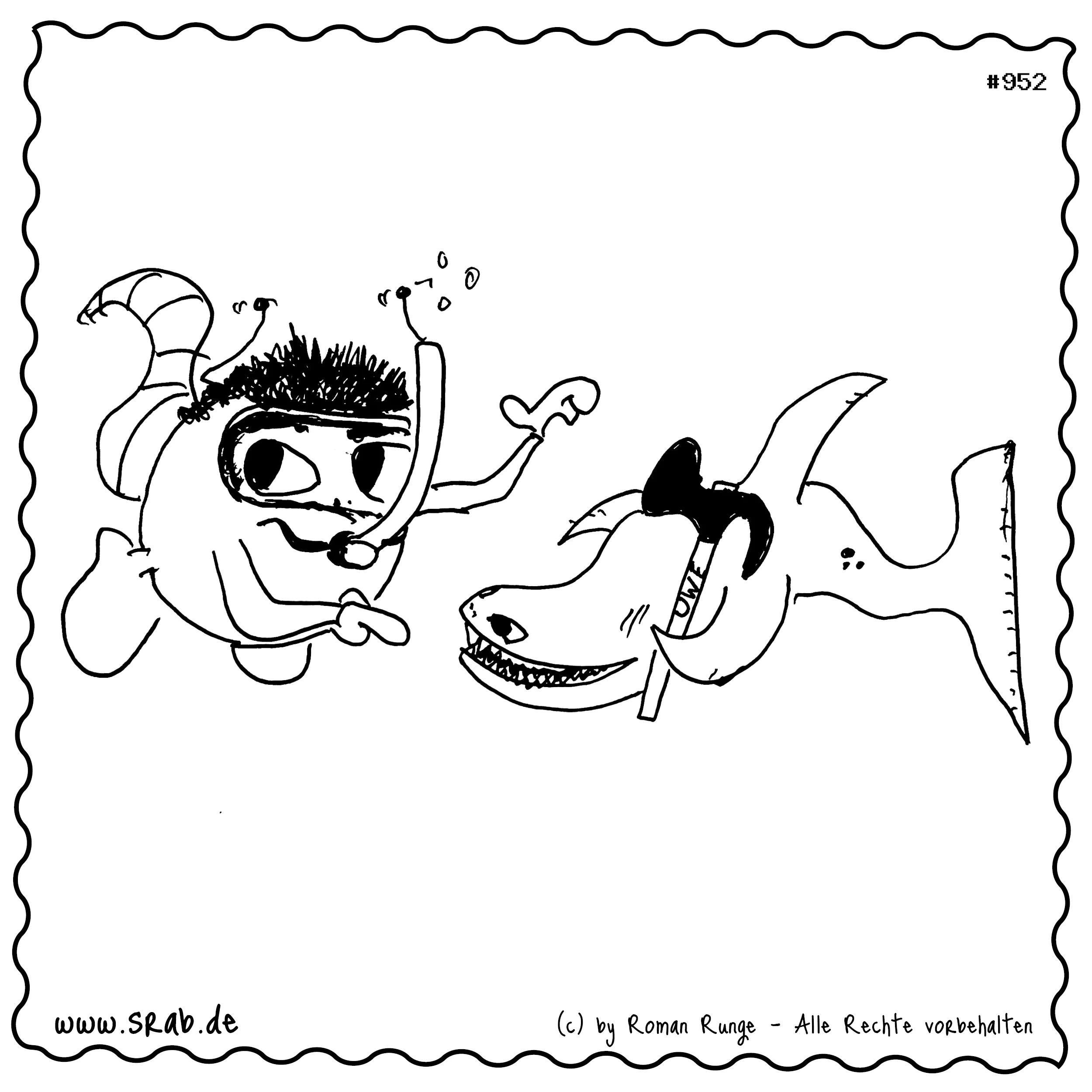In diesem kreativen Srab-Motiv wird das Vergnügen am Schnorcheln unter Wasser dargestellt, wo ein Srab begeistert auf einen Hai zeigt, der mit einem Hammer und dem Namen 'UWE' versehen ist. Dieses Bild kombiniert Wortspiele und Humor und spielt auf den bekannten Spruch 'Hammerhai' sowie den alten Kreuzworträtselwitz an. Der Srab symbolisiert die Überraschungen und Freuden, die in der Unterwasserwelt zu finden sind.