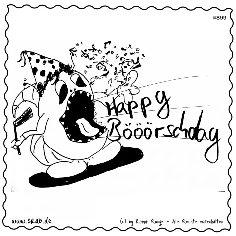 Happ yBöööööööörthday! - Dieser fröhliche Srab steckt mitten in einer ausgelassenen Geburtstagsfeier. Mit einem bunten Partyhut auf dem Kopf und Konfetti in der Luft ruft er voller Begeisterung ein lautes