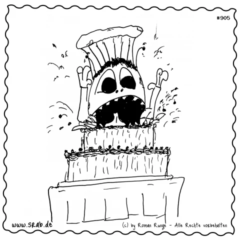 Überraschungstorte mit fröhlichem Srab - Dieses witzige Motiv zeigt einen lebendigen Srab, der aus einer festlich dekorierten Torte springt und mit einem lauten „Überraschung!“ die Gäste erfreut. Ideal für Geburtstagsfeie