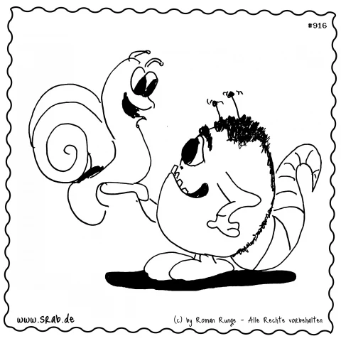 Ein Srab und eine Schnecke lächeln sich an und haben ihre Fühler bzw. Hände ausgestreckt.