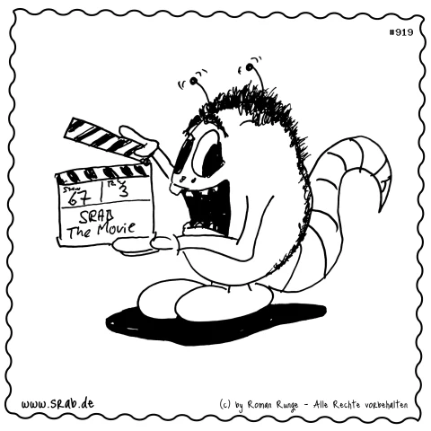 In dieser Darstellung sehen wir einen lebhaften Srab, der vor dem Set eines Films steht und entschlossen eine Klappe mit der Aufschrift 'SRAB - The Movie' hält. Das Motiv fängt die Freude und Aufregung eines Filmdrehs ein, wo Kreativität und Spaß im Vordergrund stehen. Es dient als Anspielung auf die Welt des Kinos und die Magie der Filmproduktion.