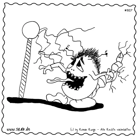 In diesem humorvollen Motiv wird ein Srab dargestellt, der an einer Tesla-Spule heftige Stromschläge erleidet. Die Darstellung vermittelt eine Atmosphäre von Chaos und Spannung, während der Srab mit seinen übertriebenen Gesichtsausdrücken die komischen Seiten von elektrischen Experimenten illustriert. Durch die auffälligen Blitze und die dynamische Pose wird das Thema Technologie und Energie humorvoll umgesetzt, und die Szenerie zieht den Betrachter in eine Welt des Staunens und der Unterhaltung.