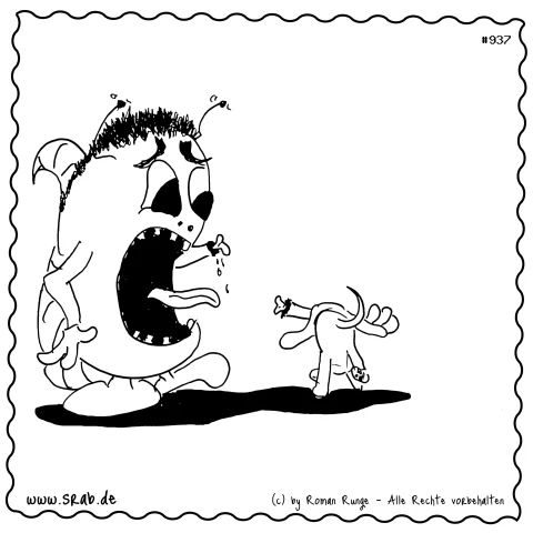 In dieser grotesken Szene wird die absurde und humorvolle Darstellung von Verletzung und Schreck sichtbar. Ein Srab ist schockiert über seinen Armverlust, während der Hund mit seiner Beute stolz der Szene entflieht. Der Cartoon greift humorvoll und provok