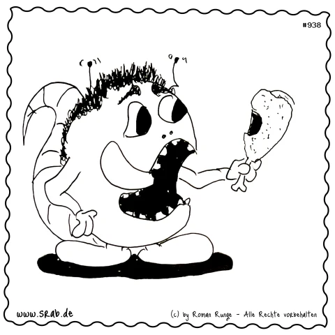 Dieses motiv zeigt einen hungrigen Srab, der eine angebissene Hühnerkeule hält. Der Srab drückt Freude und Appetit aus, während er seine Zunge über den Mund gleiten lässt. Das Motiv symbolisiert die Lust auf gutes Essen und die Freude am Genießen von Speisen.