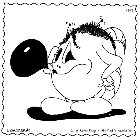 In dieser humorvollen Darstellung sieht man einen Srab, der mit großer Konzentration einen überdimensionierten Luftballon aufpustet. Diese Szene bringt die leicht komische Alltagssituation eines Luftballon Aufpustens zum Ausdruck, die oft bei Feiern und b