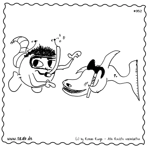 In diesem kreativen Srab-Motiv wird das Vergnügen am Schnorcheln unter Wasser dargestellt, wo ein Srab begeistert auf einen Hai zeigt, der mit einem Hammer und dem Namen 'UWE' versehen ist. Dieses Bild kombiniert Wortspiele und Humor und spielt auf den be