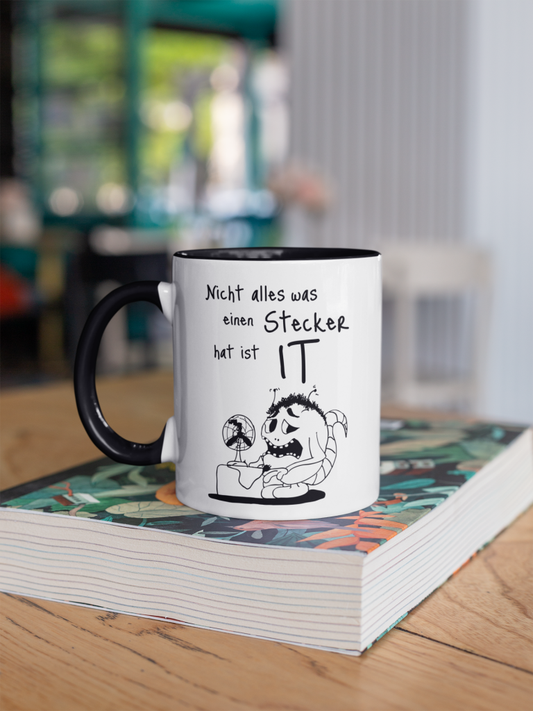 Nicht alles, was einen Stecker hat, ist IT – Der Becher für Admins und Nerds 2 mockup of a two toned 11 oz coffee mug mockup on a table 27837